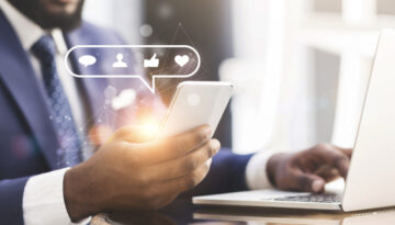 Web marketing specialist with mobile phone and laptop creating engaging social media content to promote brand, collage